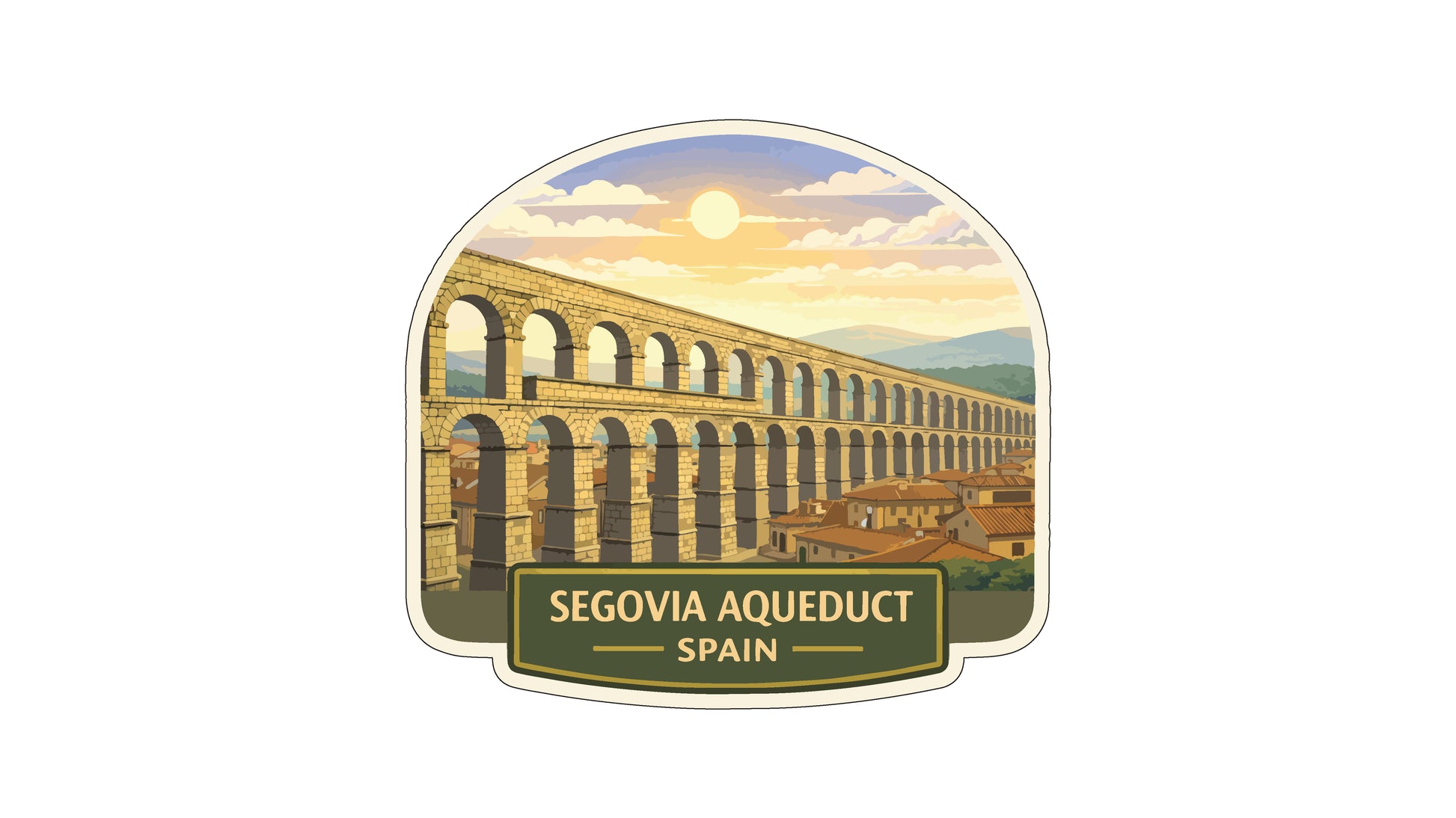a large, multi-tiered stone aqueduct with arches, set against a backdrop of a sunset and mountains. The text "SEGOVIA AQUEDUCT SPANIA" is displayed below the aqueduct, indicating the location and name of the landmark.