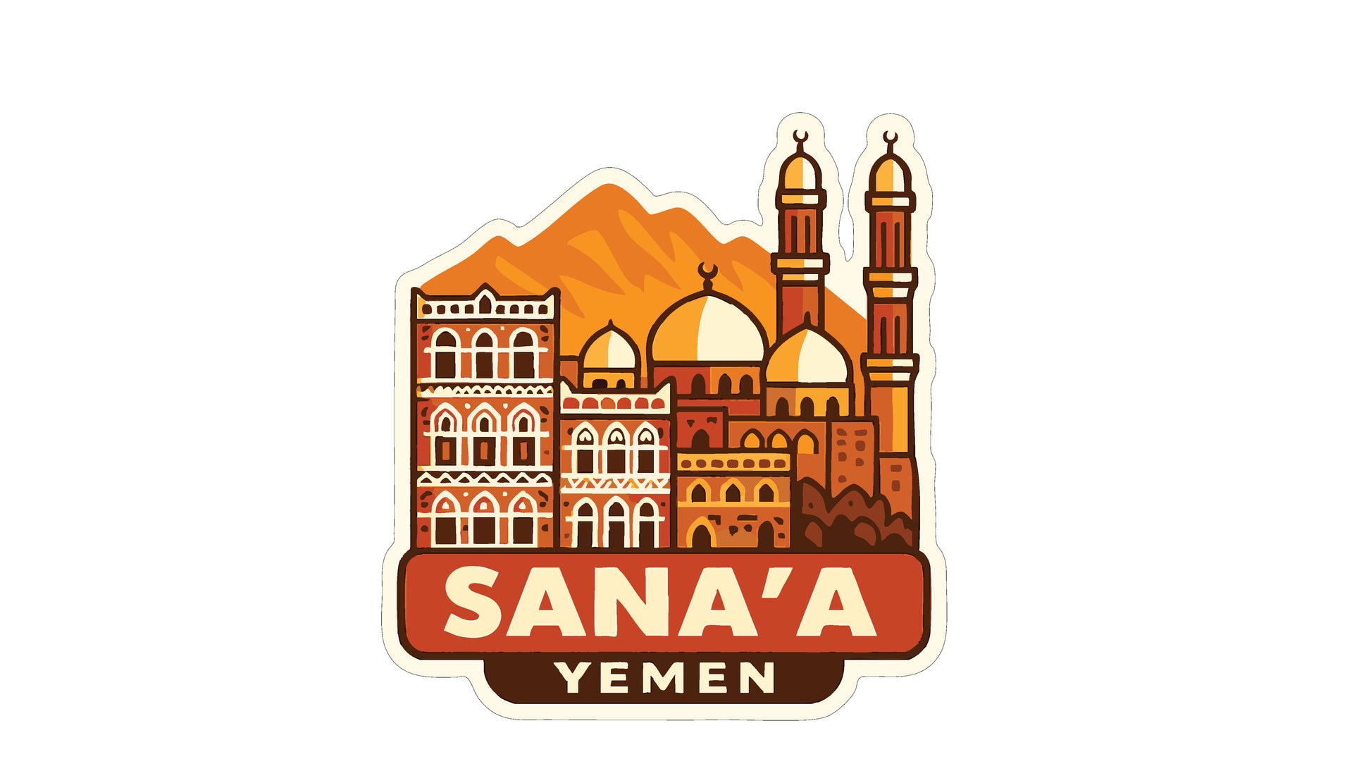 a stylized illustration of the skyline of Sana'a, Yemen, with various architectural elements such as domes, minarets, and buildings.