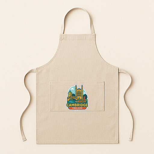 A beige apricot with a graphic of a city skyline and the text "CAMBRIDGE" printed on it.