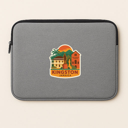 A gray laptop sleeve with a colorful sticker depicting landmarks and buildings in Kingston, Jamaica.