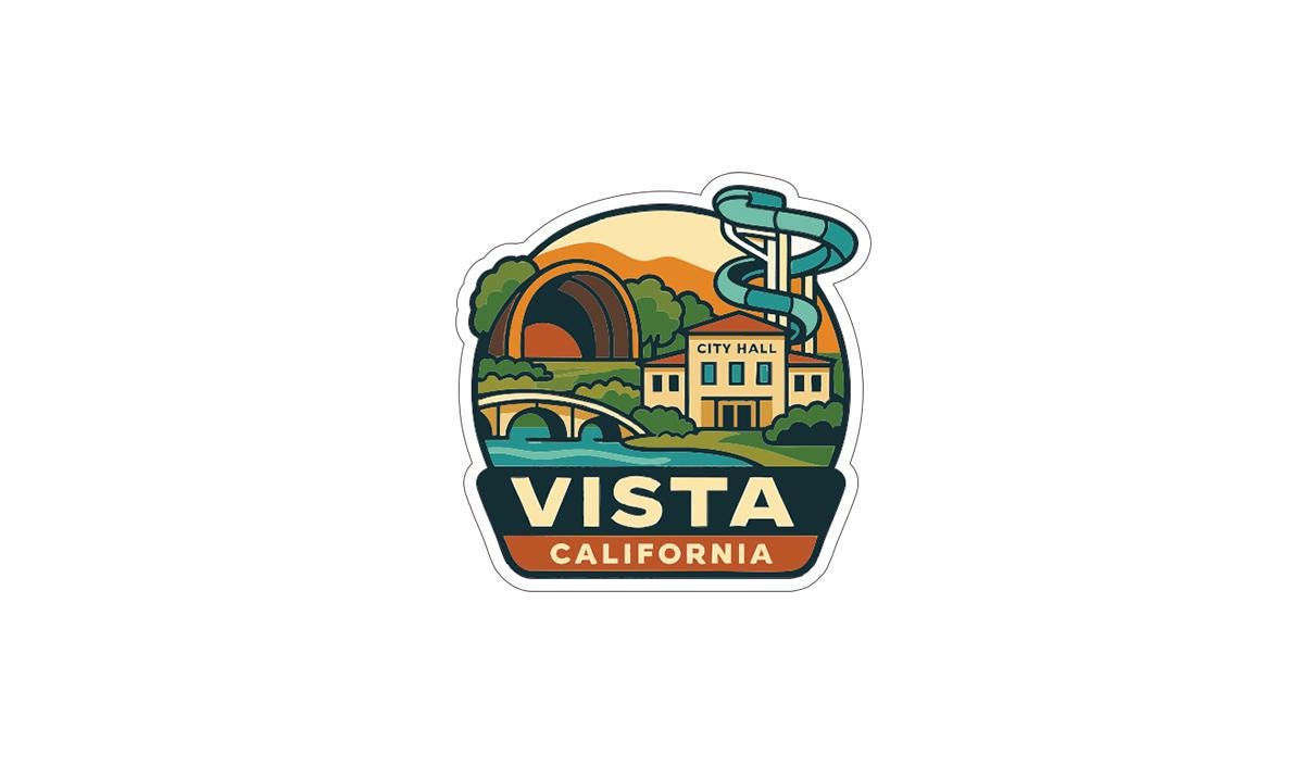 A colorful sticker or logo depicting a cityscape with a building, bridge, and a water slide, along with the text "VISTA CALIFORNIA".