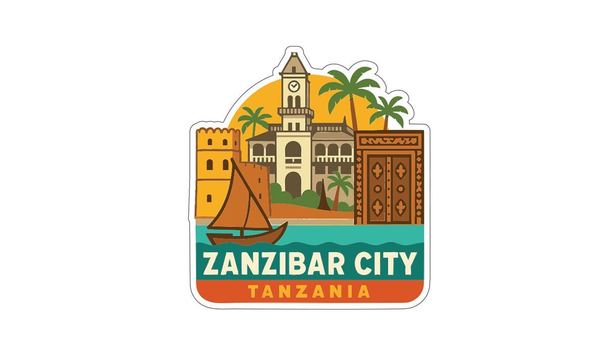 a sticker or emblem with a cityscape and a sailboat, representing the city of Zanzibar, Tanzania.