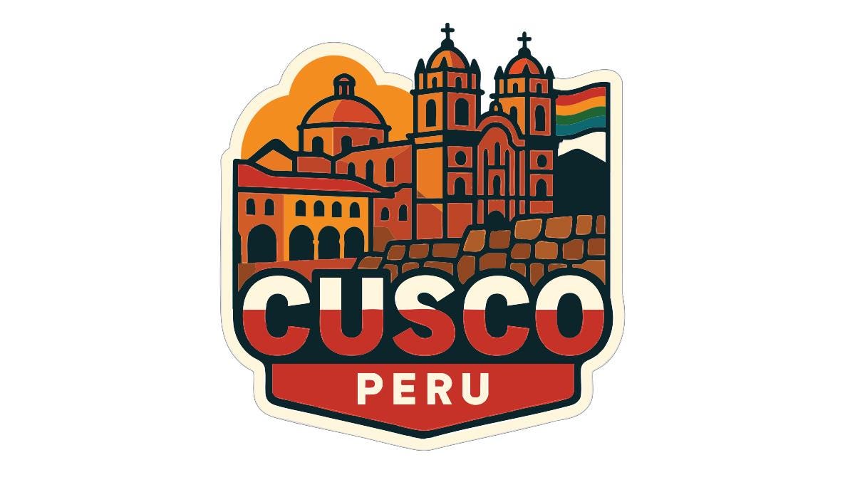 a stylized illustration of the city of Cusco, Peru, with a variety of architectural styles and landmarks.