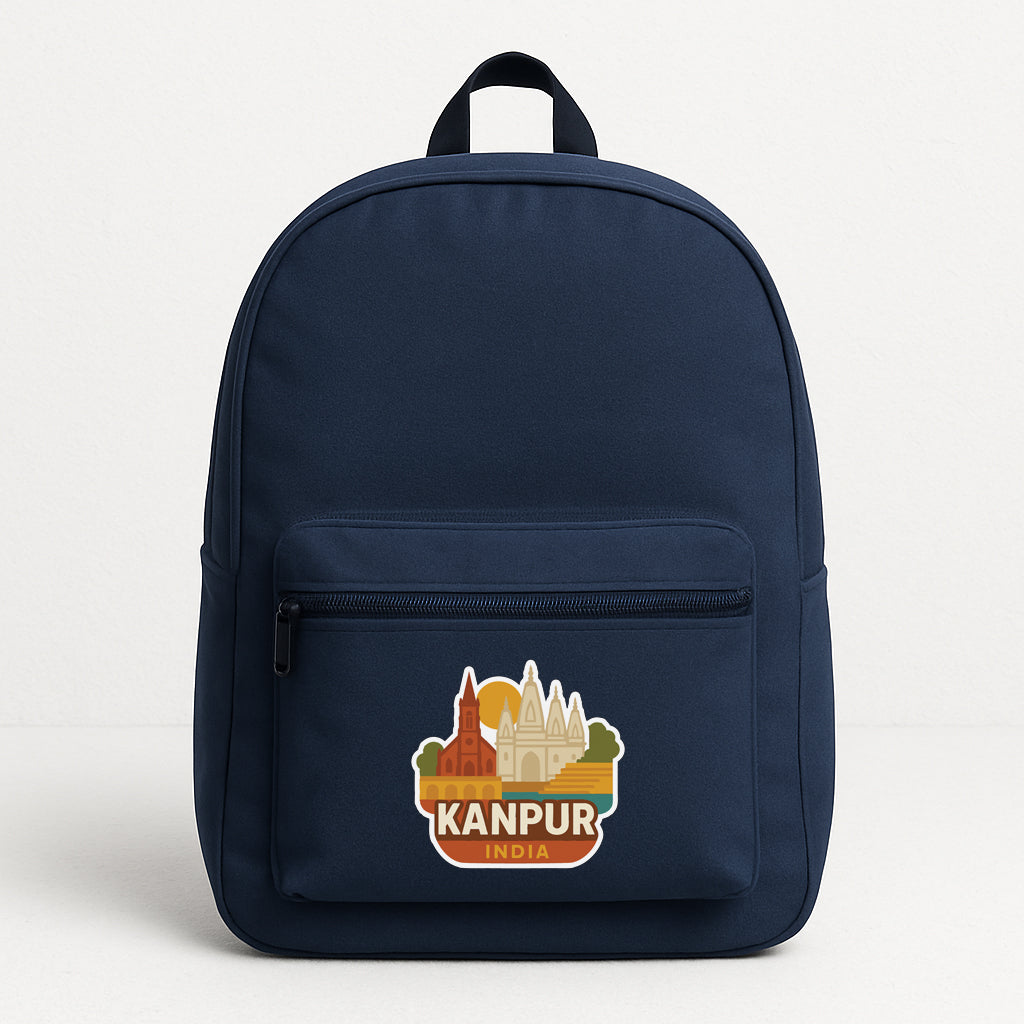 A navy blue backpack with a sticker on the front that says "KANPUR INDIA".