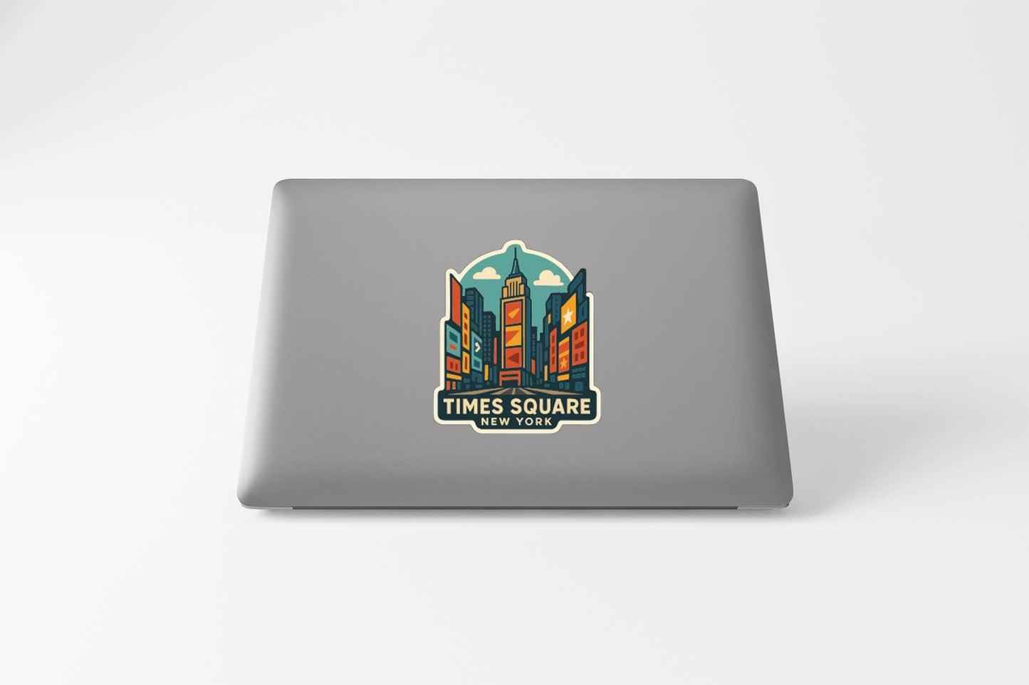 A sticker featuring an illustration of Times Square in New York City.