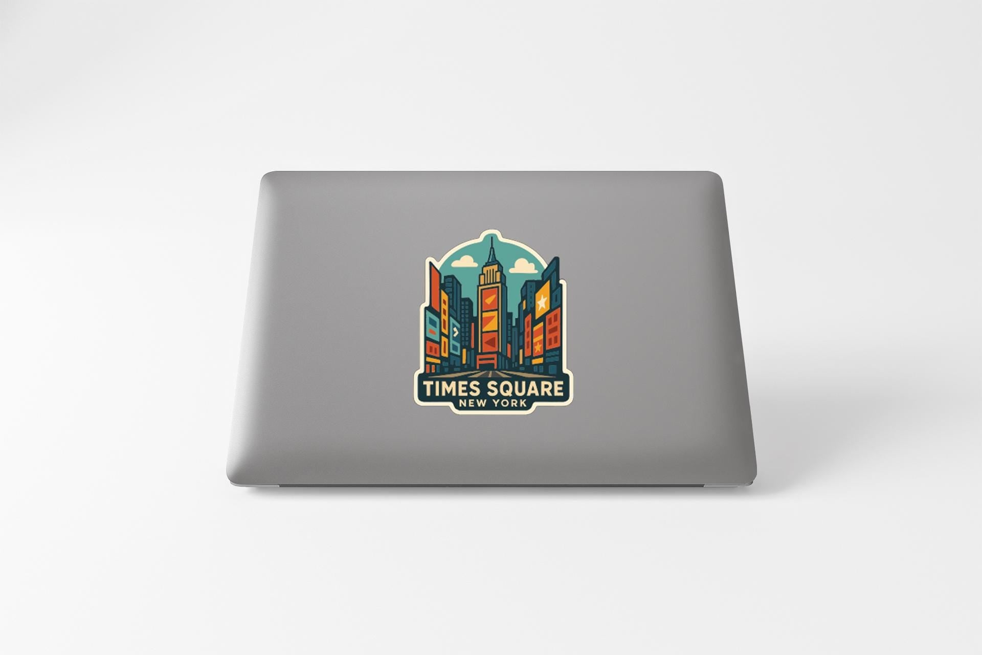 A sticker featuring an illustration of Times Square in New York City.