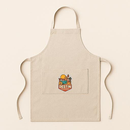 A beige apricot with a graphic design on the front pocket, featuring a city skyline and the word "DESIN".