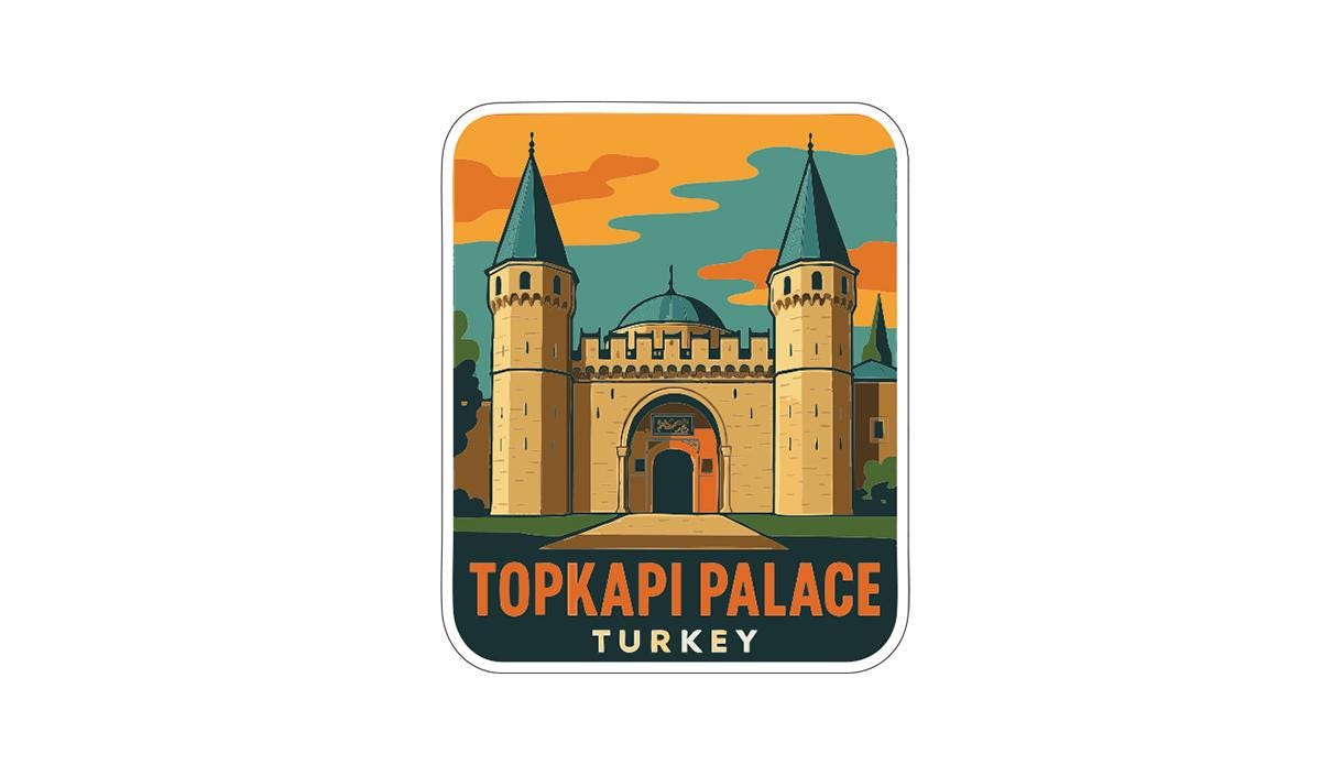 a stylized illustration of the Topkapı Palace in Turkey, with a castle-like structure and two towers.