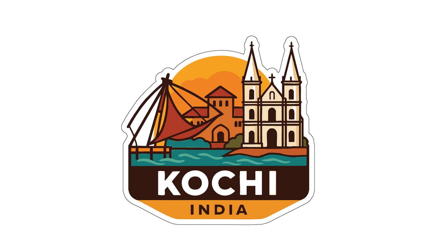 a sticker or logo with a stylized illustration of a cityscape, including a cathedral, a boat, and a sunset. The text "Kochi India" is prominently displayed in the center of the image.