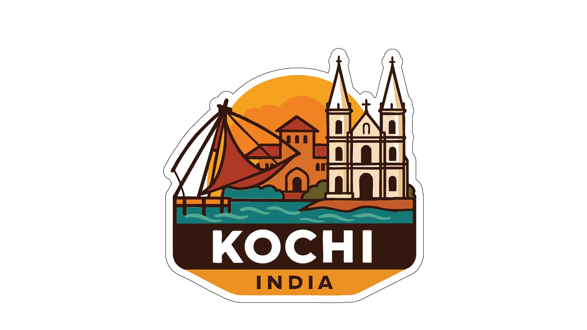 a sticker or logo with a stylized illustration of a cityscape, including a cathedral, a boat, and a sunset. The text "Kochi India" is prominently displayed in the center of the image.