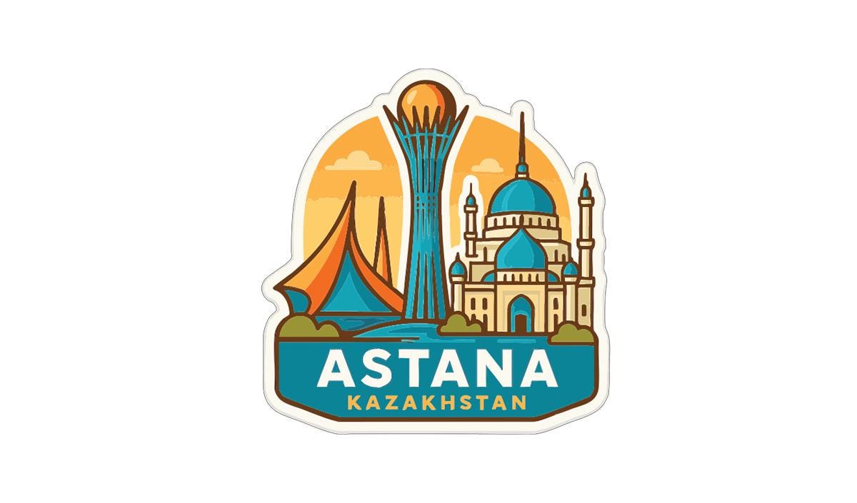 a sticker or emblem with the text "ASTANA KAZAKHSTAN" prominently displayed. The sticker includes various landmarks and symbols associated with Astana, such as a tall tower, a mosque, and a sailboat.