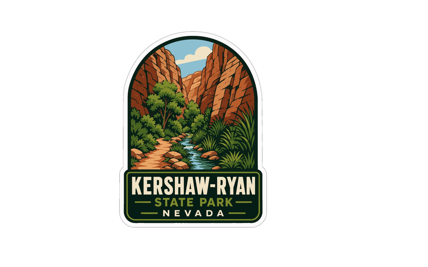 A sticker depicting a scenic landscape with a winding path, lush vegetation, and towering red rock formations, with the text "KERSHAW-RYAN STATE PARK NEVADA" prominently displayed.