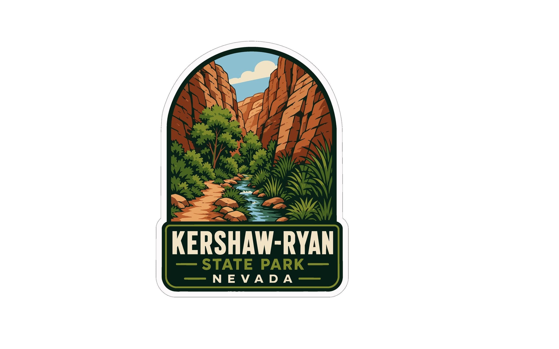 A sticker depicting a scenic landscape with a winding path, lush vegetation, and towering red rock formations, with the text "KERSHAW-RYAN STATE PARK NEVADA" prominently displayed.