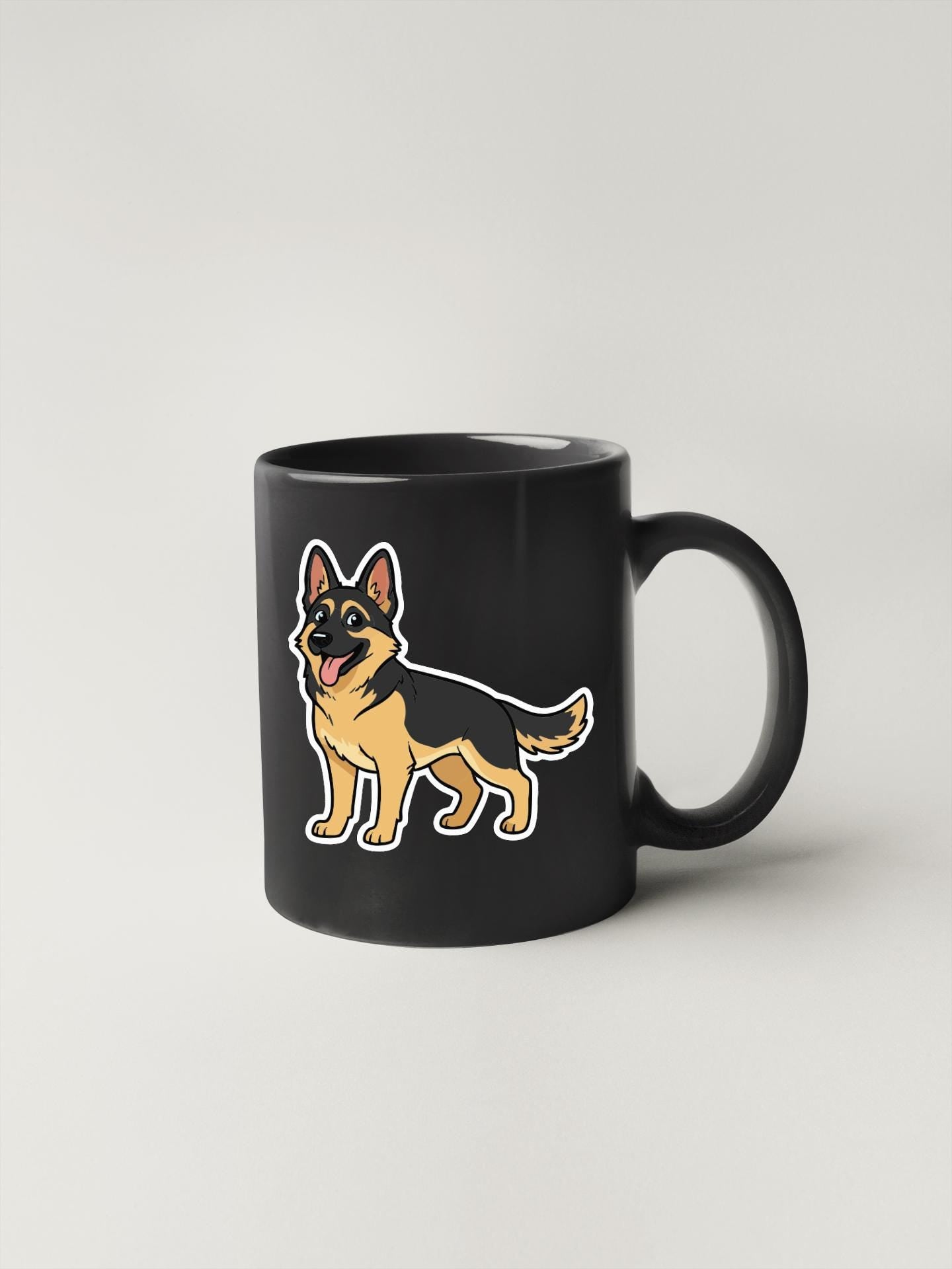 A black mug with a cartoon illustration of a German Shepherd dog on it.