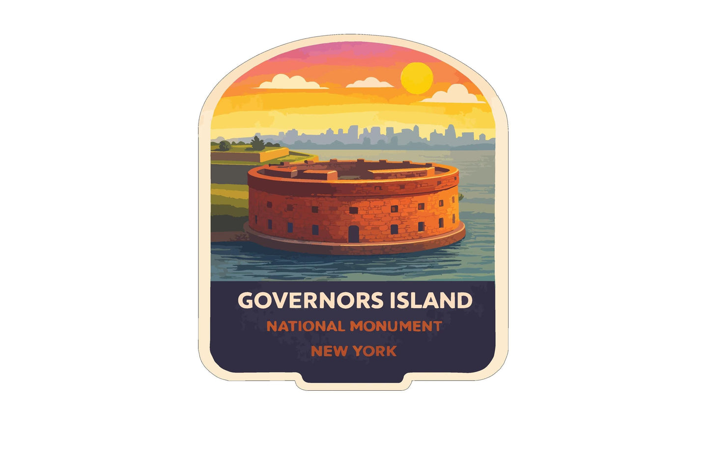 a circular fort or castle-like structure situated on a body of water, with a colorful sunset sky in the background.