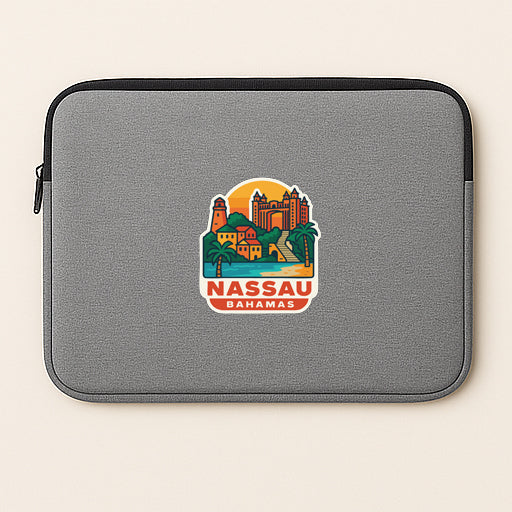 A gray laptop sleeve with a colorful graphic of a tropical island and a castle, along with the text "NASSAU BAMAS".