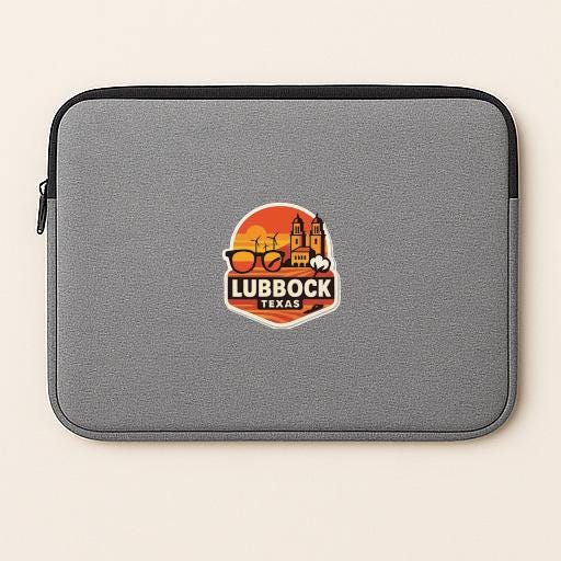A gray laptop sleeve with a logo for Lubbock, Texas.