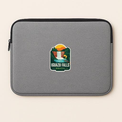 A gray laptop sleeve with a graphic of a waterfall and the text "Iguazu Falls Brazil" printed on it.