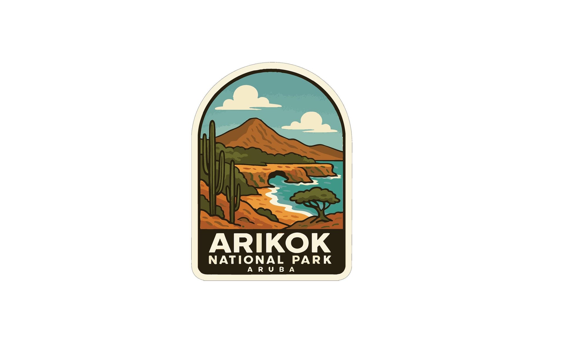 a sticker or emblem with a desert landscape and mountains, along with the text "ARIKOK NATIONAL PARK Ariba".
