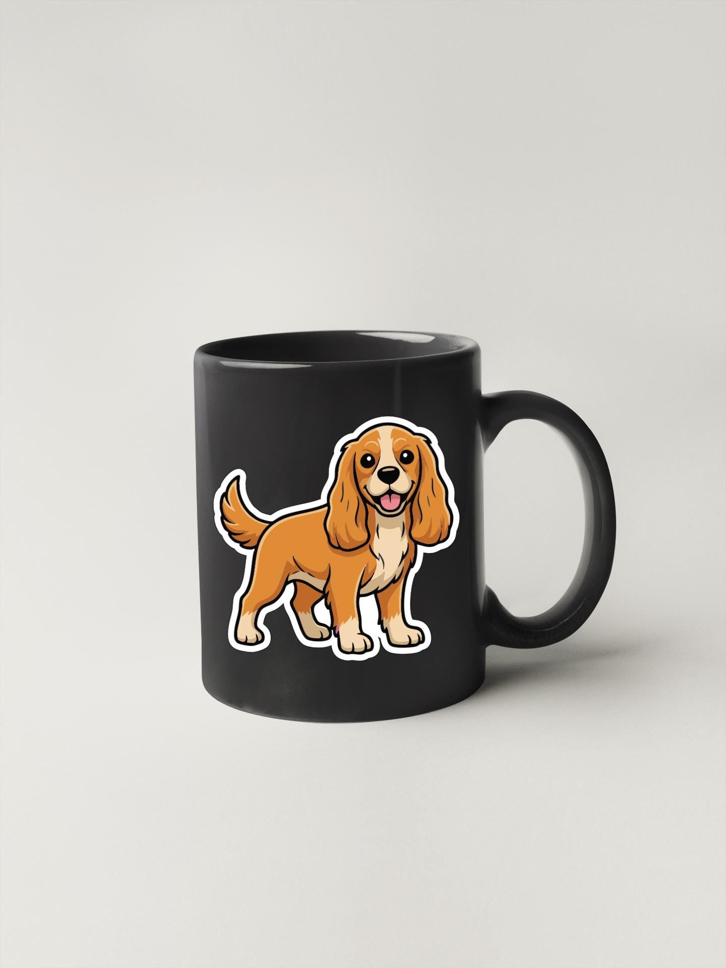 A black coffee mug with a cartoon illustration of a dog on it.