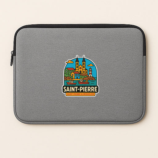 A gray laptop sleeve with a colorful sticker depicting a cityscape and the text "SAINT-PIERRE" printed on it.