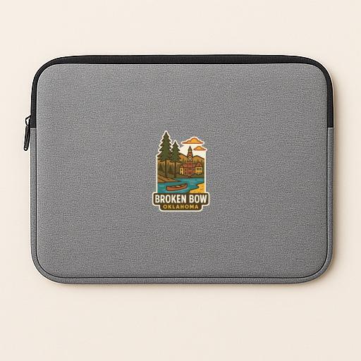 A gray laptop sleeve with a sticker depicting a scenic landscape and the text "Broken Bow, Oklahoma".