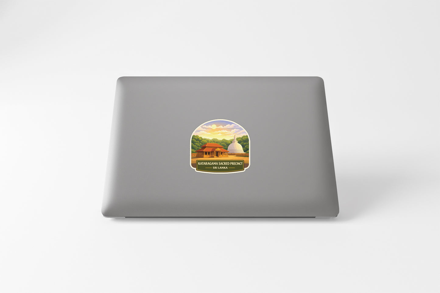 A sticker depicting a temple or religious structure with a colorful background and a sunset sky.
