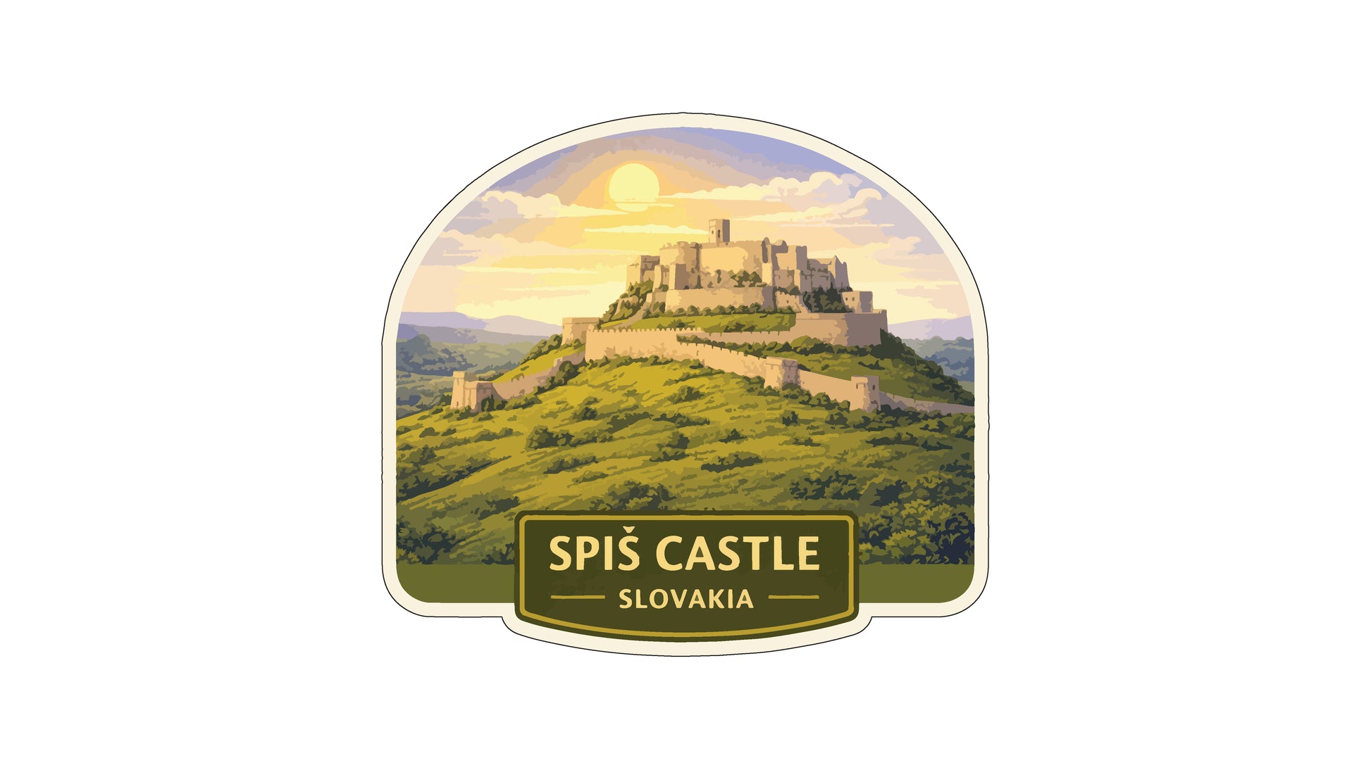 a castle on a hill, with a sunset in the background.