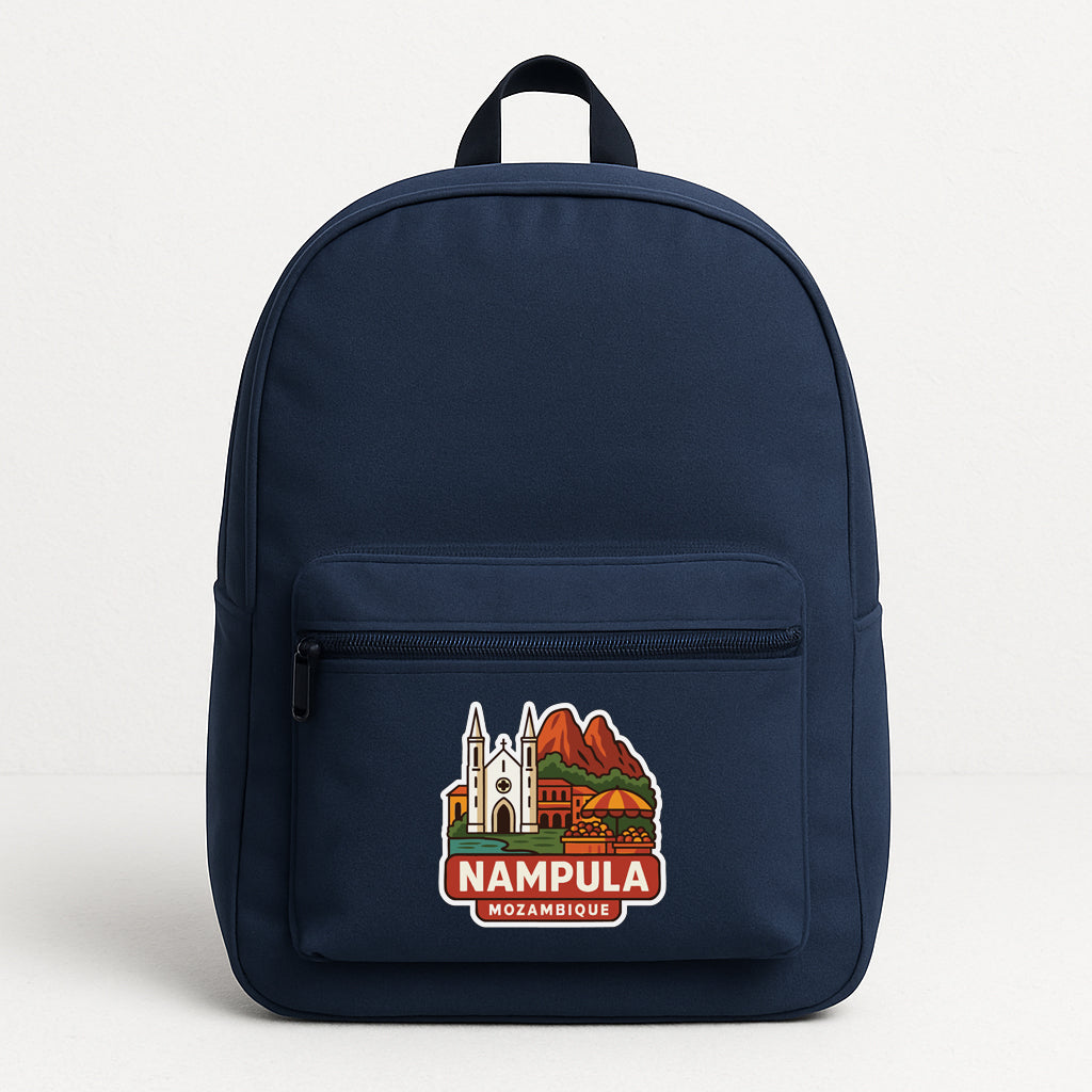 A navy blue backpack with a graphic of a city and the text "NAMPULA MOZAMBIGUE" printed on it.