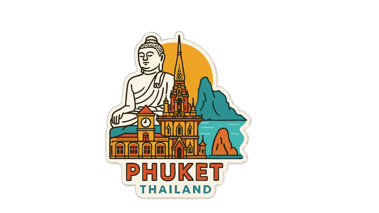 A sticker depicting the Buddha statue in front of the Phuket skyline in Thailand, with the text "PHUKET THAILAND" below.