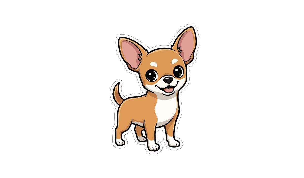 A cartoon illustration of a small brown and white dog with large ears and a happy expression.