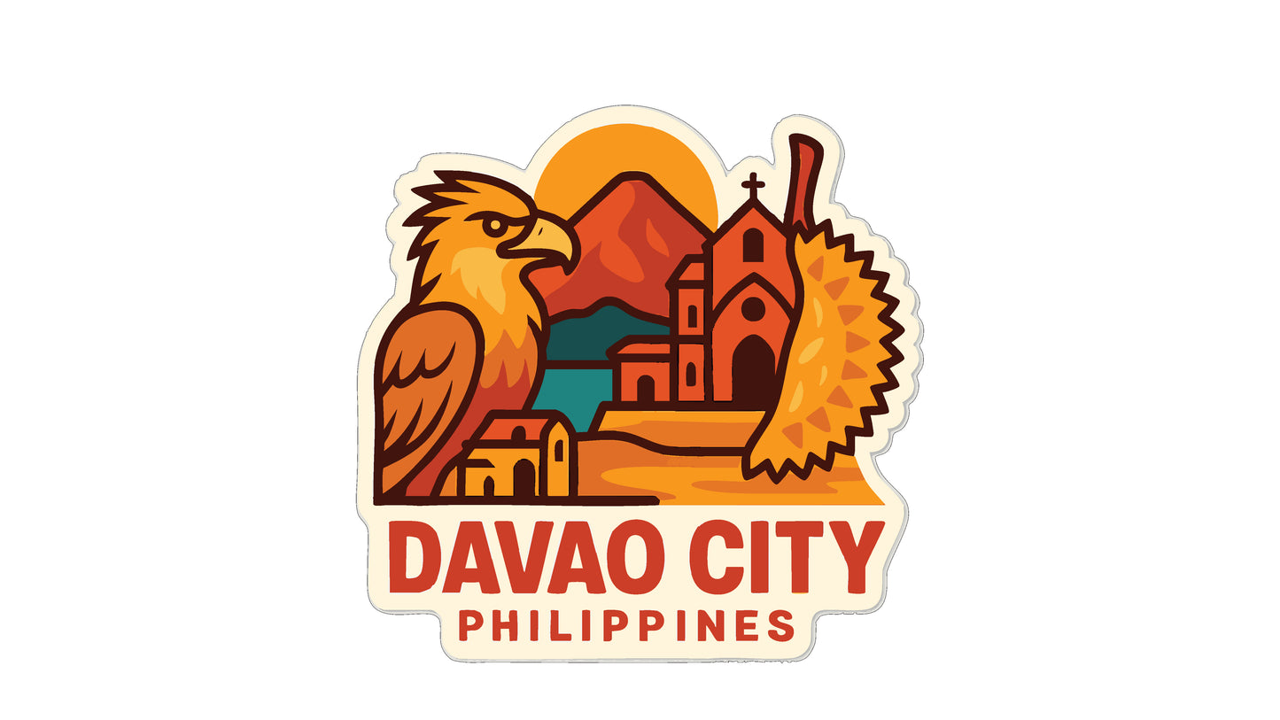 a stylized illustration of Davao City, Philippines, with a bird, a mountain, and a church.