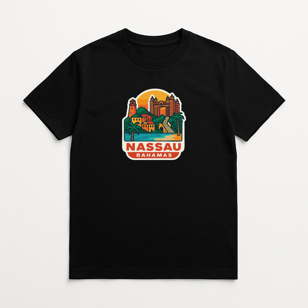 A black t-shirt with a colorful graphic design depicting a tropical island landscape, including a castle, palm trees, and a sunset.