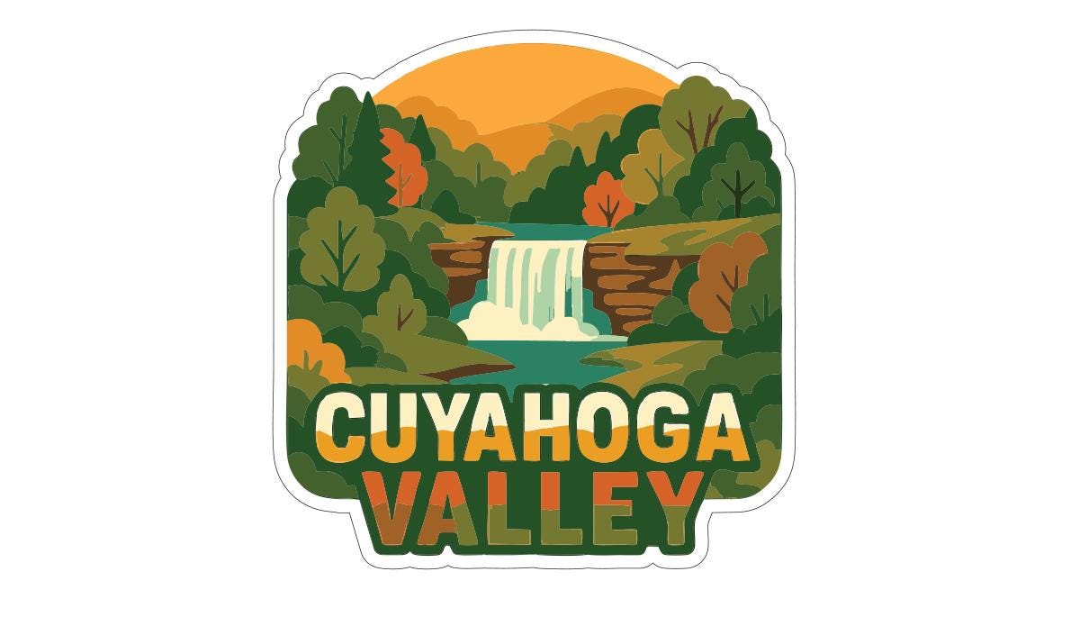 a scenic view of the Cuyahoga Valley, featuring a waterfall surrounded by lush greenery and a vibrant sunset sky.