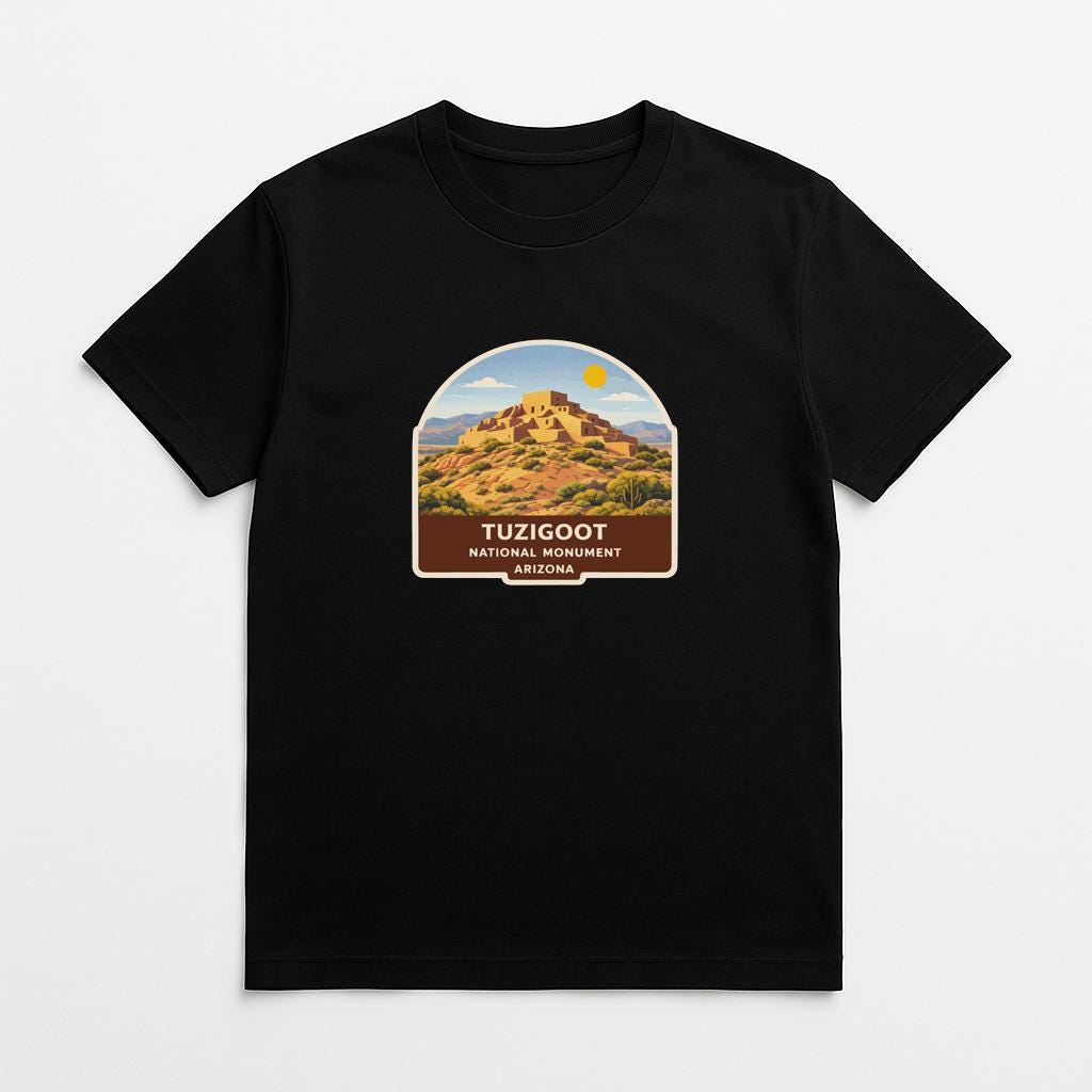A black t-shirt with a graphic design depicting a desert landscape with a mountain in the background.