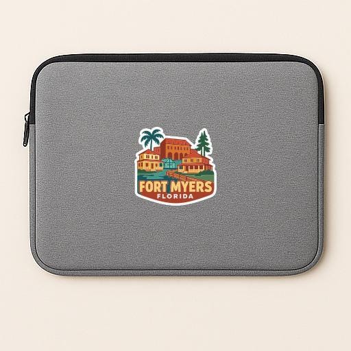 A gray laptop sleeve with a sticker depicting a tropical resort town.