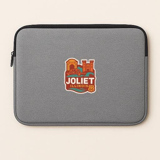 A gray laptop sleeve with a graphic design featuring a cityscape and the text "Joliet Illinois".