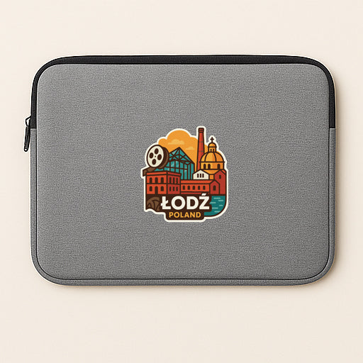 A gray laptop sleeve with a colorful graphic of a city skyline and the text "ZODZ POLAND" printed on it.