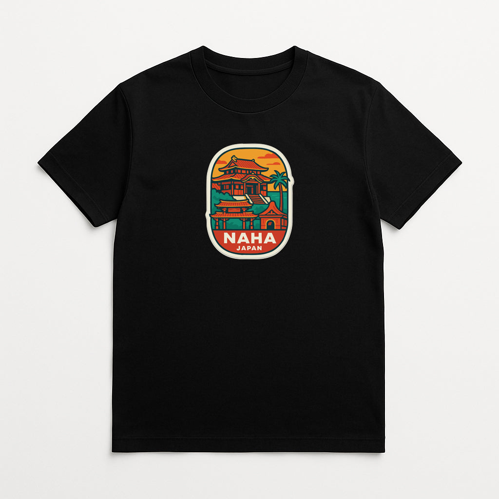A black t-shirt with a colorful graphic design depicting a temple or pagoda surrounded by palm trees and other natural elements.