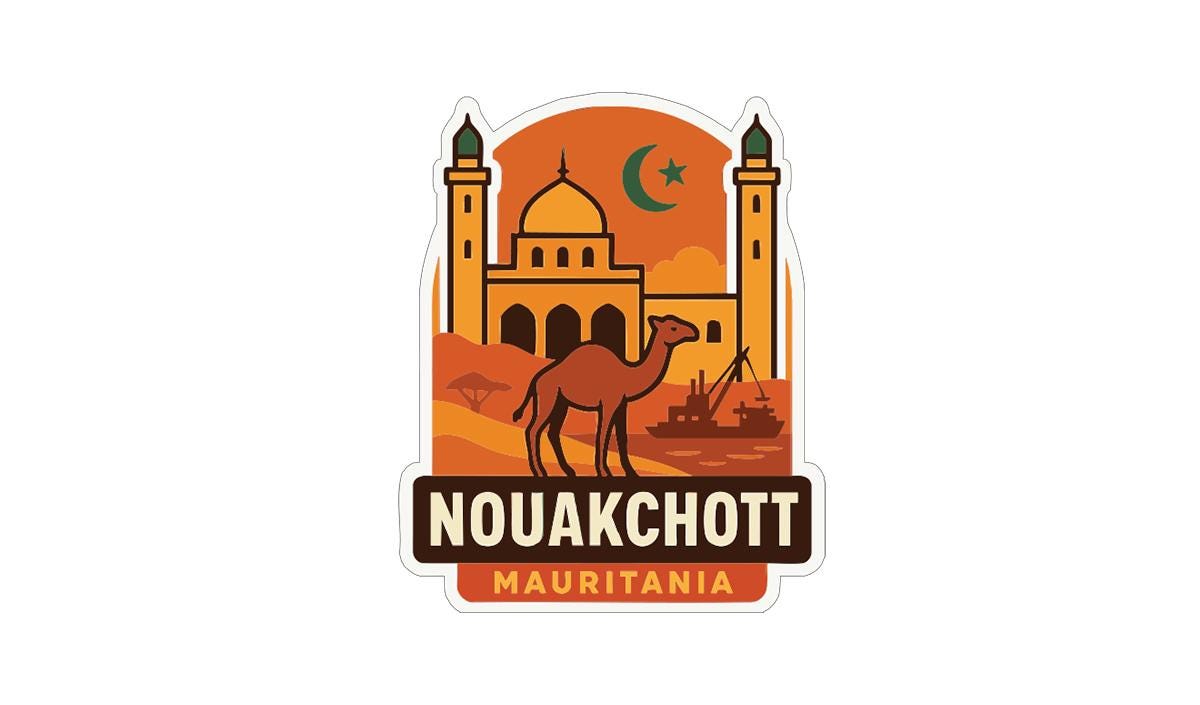 a camel and a building with two minarets, representing the Nouakchott, a city in Mauritania.