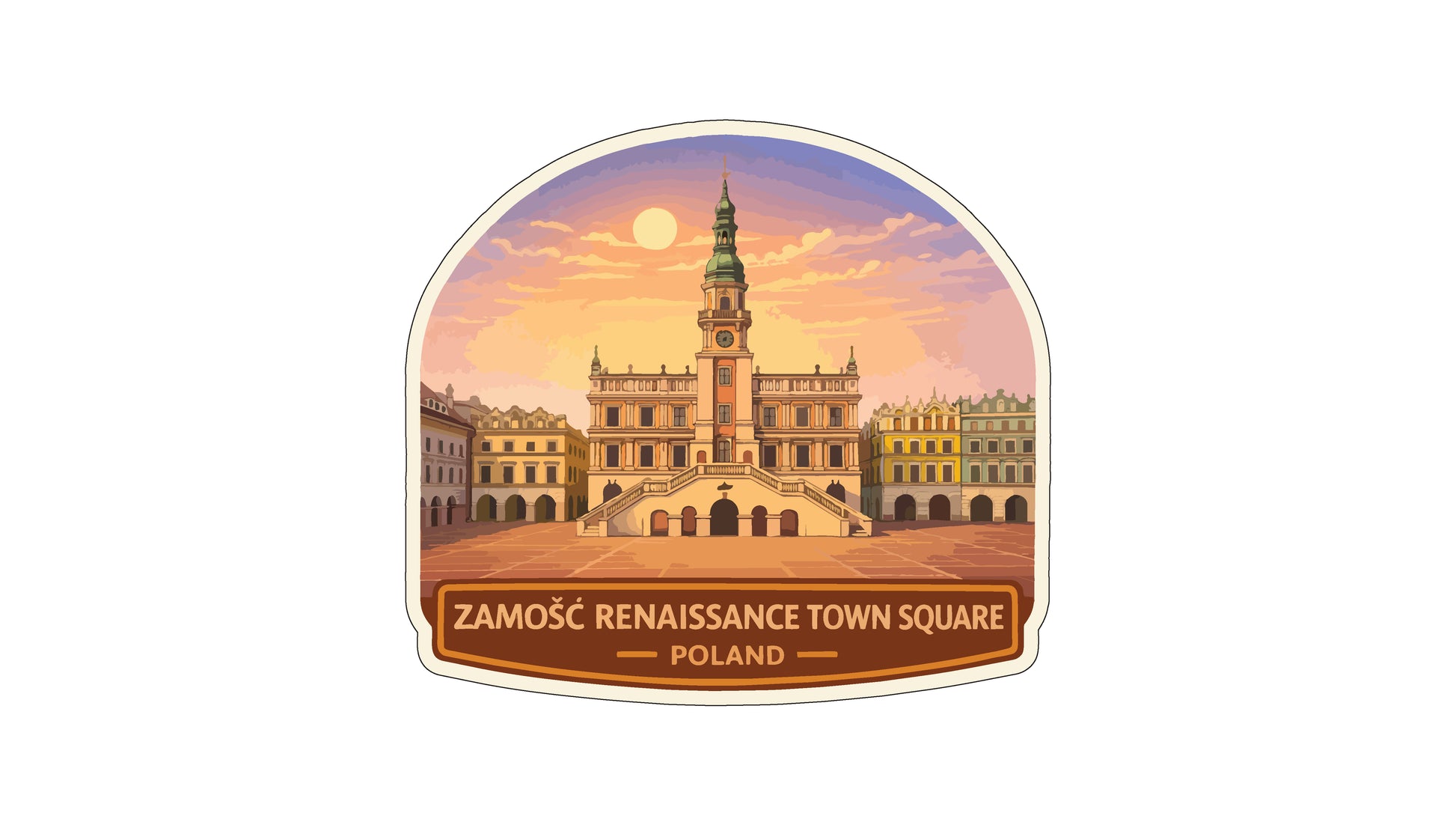 the Renaissance Town Square in Warsaw, Poland, featuring the town hall and surrounding buildings against a colorful sunset sky.