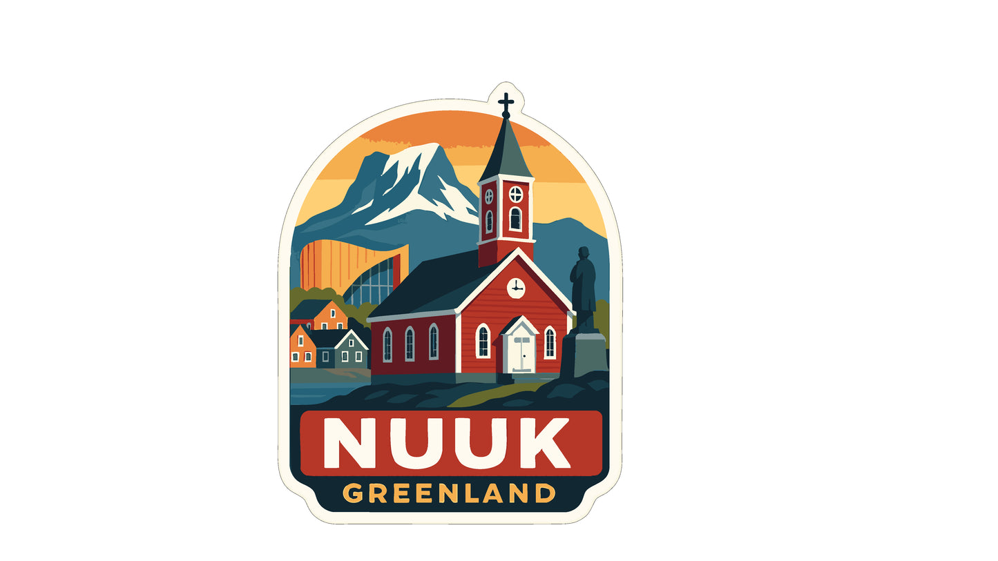 a sticker or emblem with a church, mountains, and a clock, representing the country of Greenland.