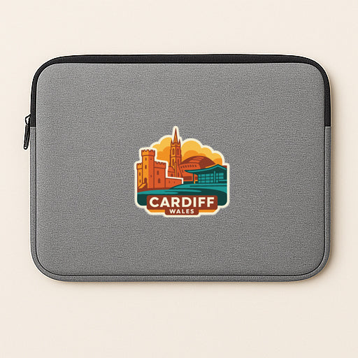 A gray laptop sleeve with a graphic design depicting the cityscape of Cardiff, Wales.