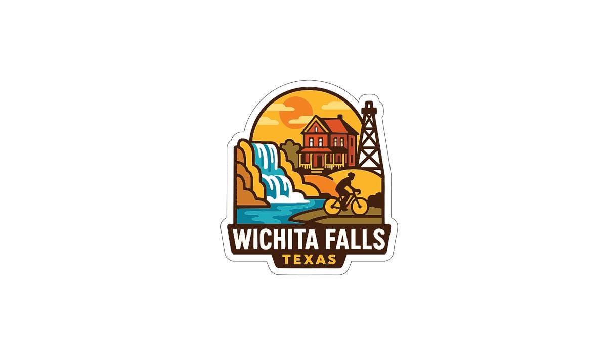 a sticker or logo depicting a scenic landscape with a waterfall, a house, and a person riding a bicycle. The text "WICHITA FALLS TEXAS" is prominently displayed, indicating the location or theme of the image.