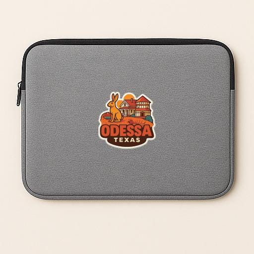 a gray laptop sleeve with a sticker of Odessa, Texas, which is a city in the state of Texas.