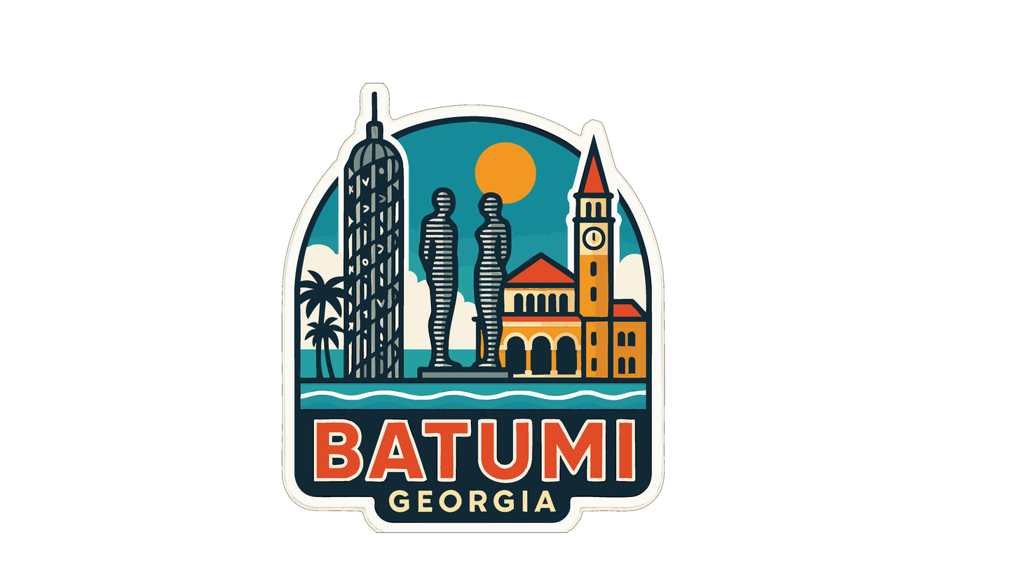 A sticker or emblem featuring the skyline of Batumi, Georgia, with various landmarks and buildings, including a tall skyscraper and a clock tower.