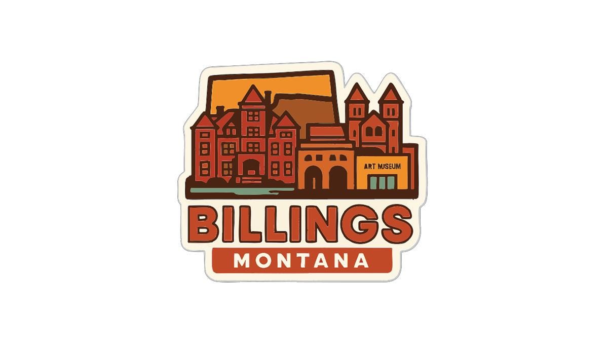 A sticker depicting the Billings, Montana, area, with a stylized illustration of buildings and landmarks.