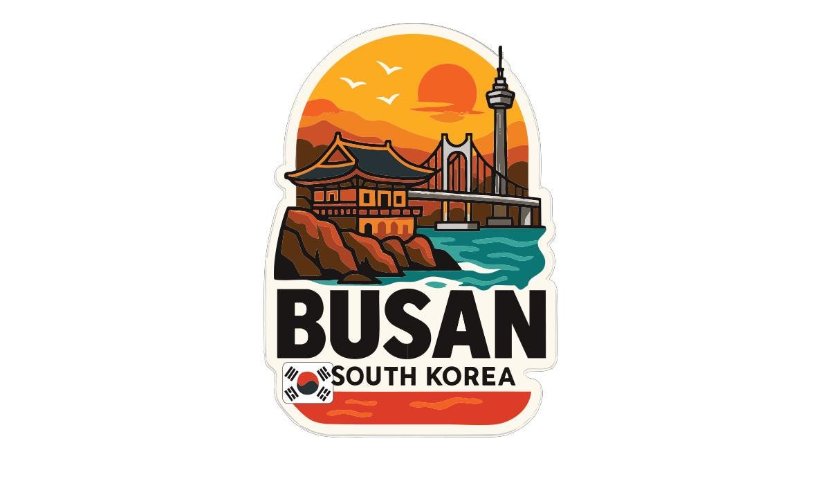 a sticker or illustration of a landmark in Busan, South Korea, with a bridge and a temple in the background.