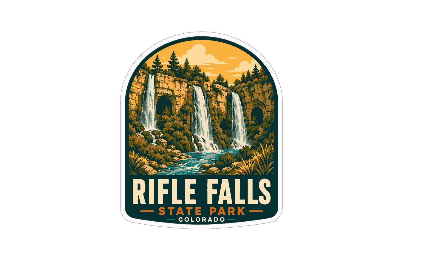 A sticker depicting the scenic landscape of Rifle Falls State Park in Colorado.