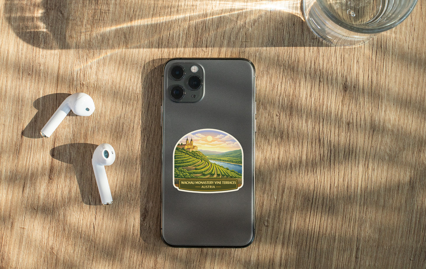 a smartphone with a sticker of a scenic countryside landscape, a pair of white earbuds, and a glass of water on a wooden surface.